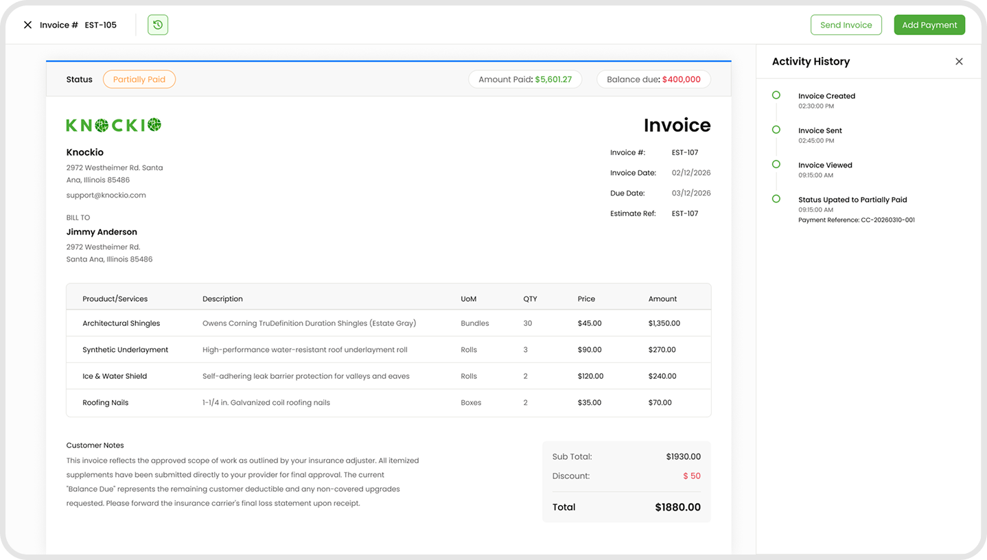 Knockio invoice and financial operations interface