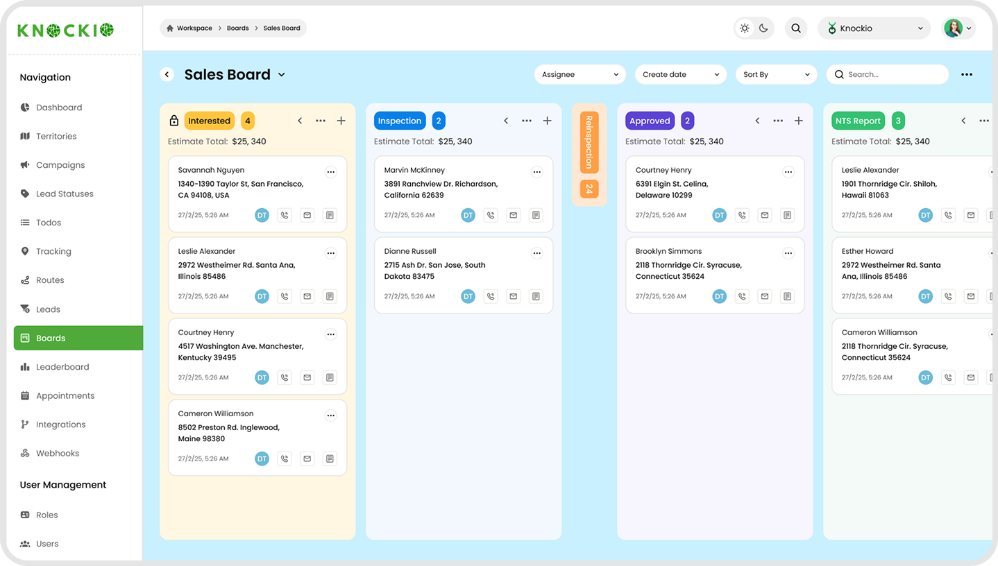 Knockio sales pipeline interface