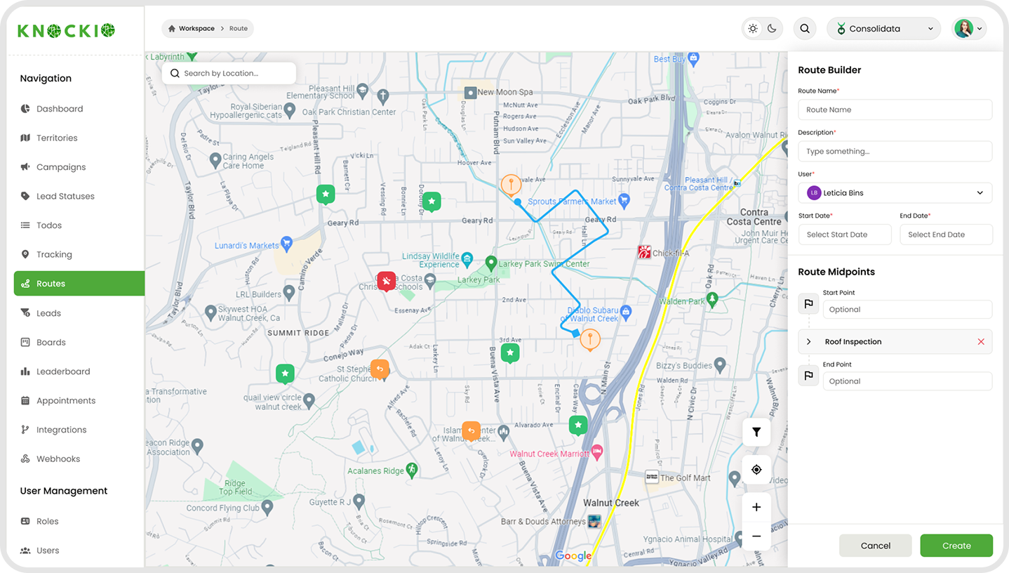 Knockio route planning and territory mapping interface